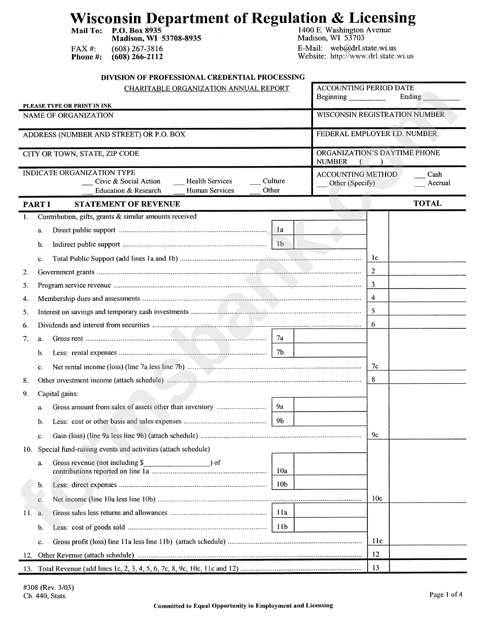 Wisconsin Charitable Organization Annual Report Form 308 - ReportForm.net