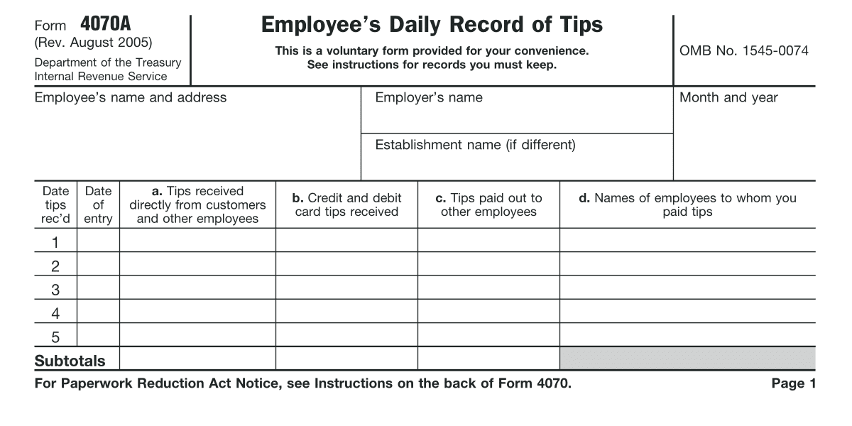 Form 4070A Employee s Daily Record Of Tips Definition