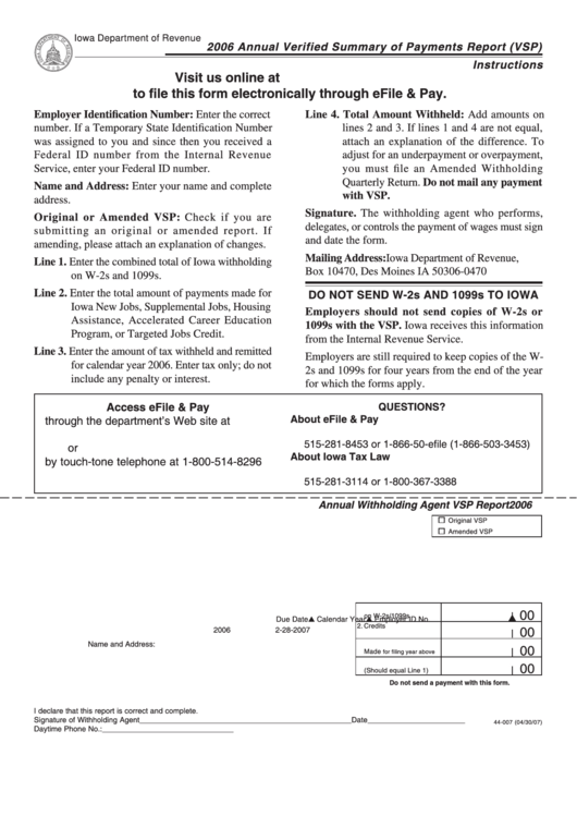 Form 44 007 Annual Verified Summary Of Payments Report Vsp 2006 