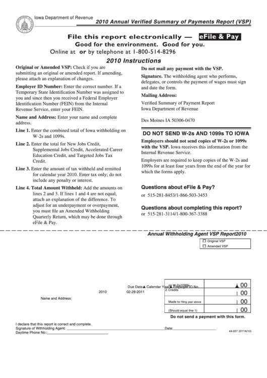 Form 44 007 Annual Verified Summary Of Payments Report Vsp 2010 