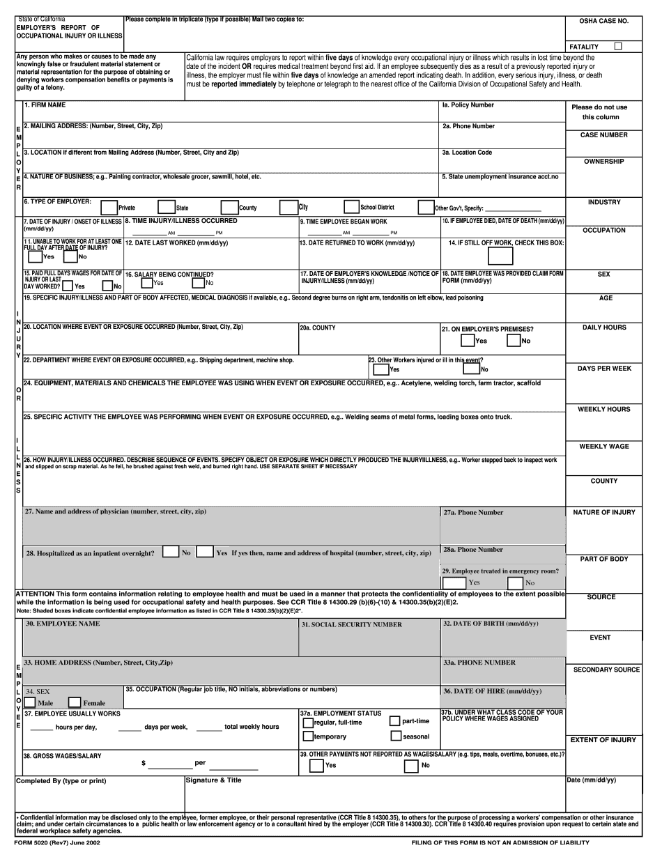 Form 5020 Fillable Employer s Report Of Occupational Injury Or