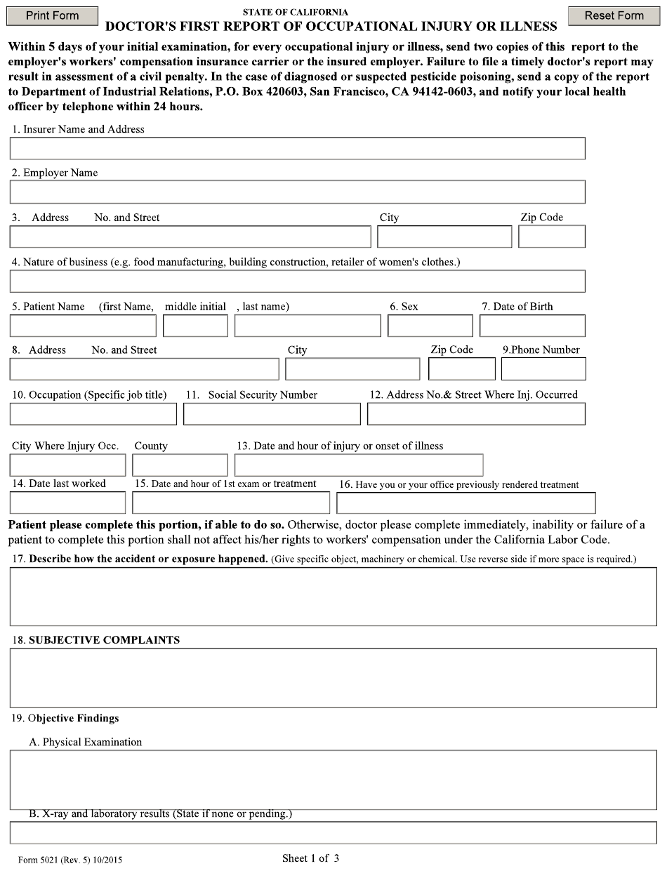 Form 5021 Download Fillable PDF Or Fill Online Doctor s First Report Of 