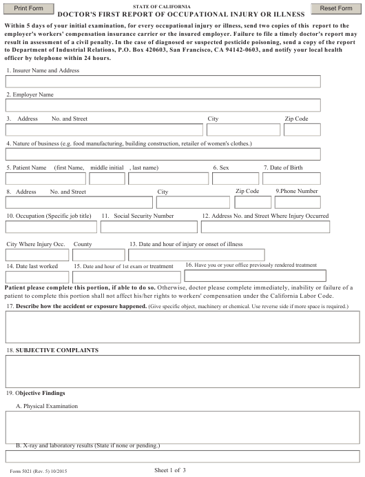 Form 5021 Download Printable PDF Doctors First Report Of Occupational 