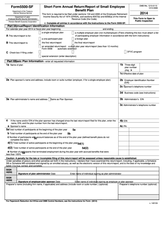 Form 5500 Sf Short Form Annual Return report Of Small Employee 