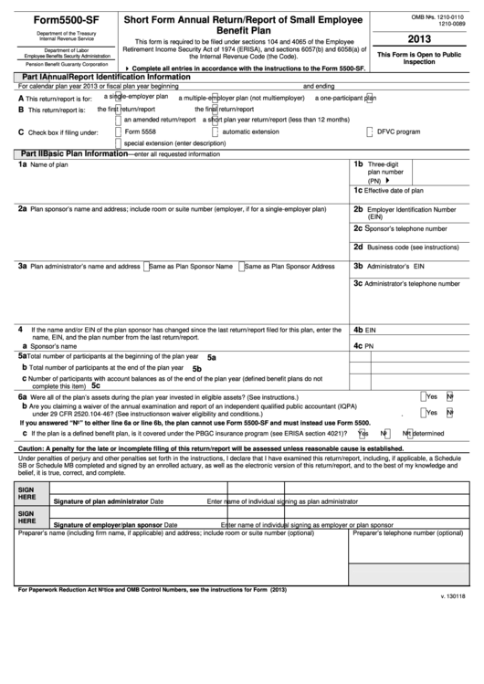 Form 5500 Sf Short Form Annual Return report Of Small Employee 