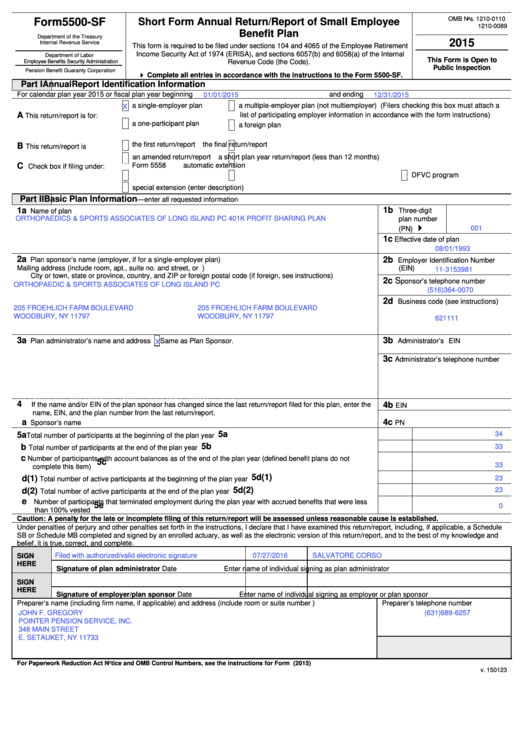 Form 5500 Sf Short Form Annual Return report Of Small Employee 