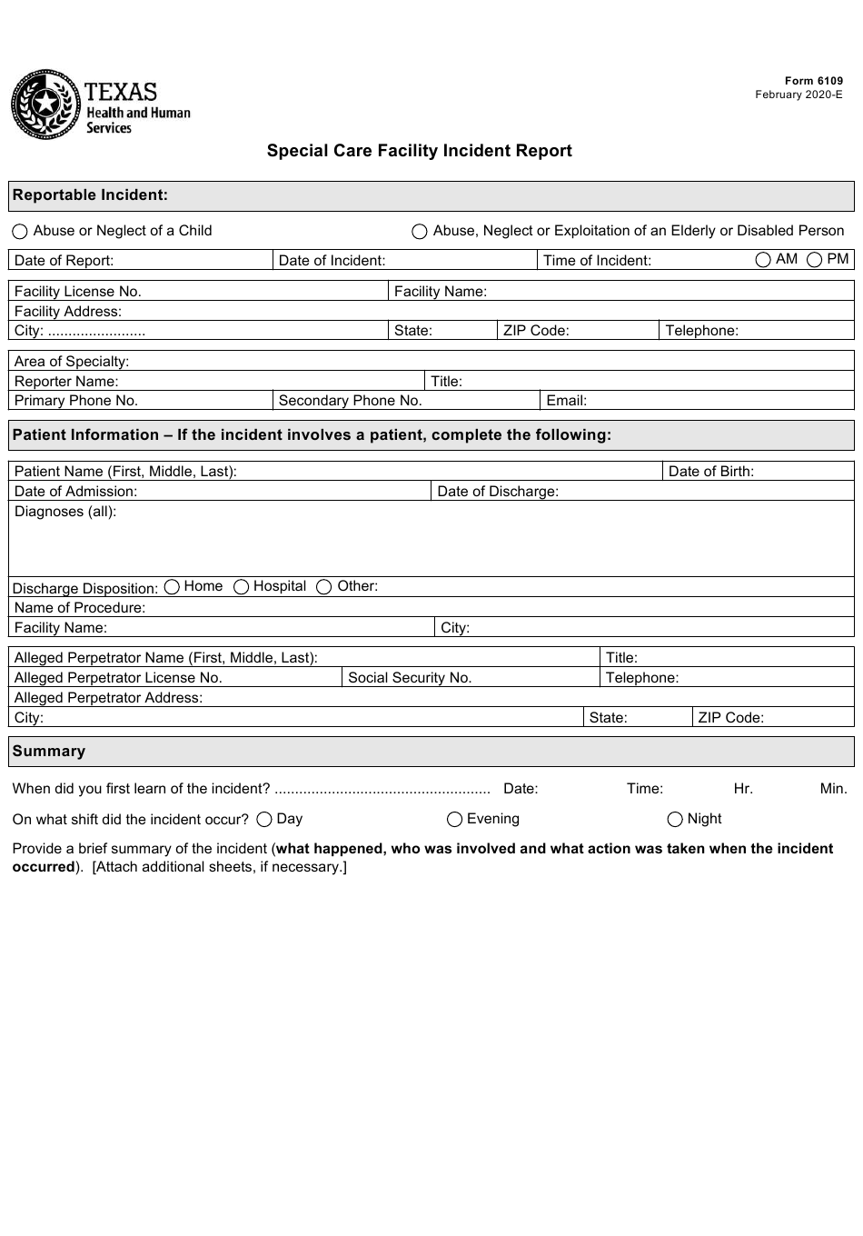 Form 6109 Download Fillable PDF Or Fill Online Special Care Facility 