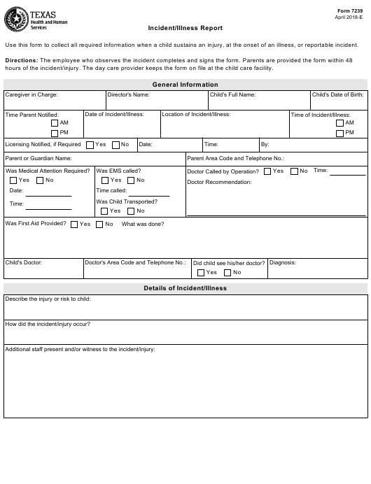 Form 7239 Download Fillable PDF Or Fill Online Incident Illness Report 