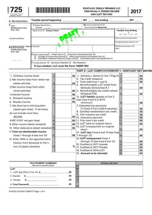 Form 725 Draft Kentucky Single Member Llc Individually Owned Income 