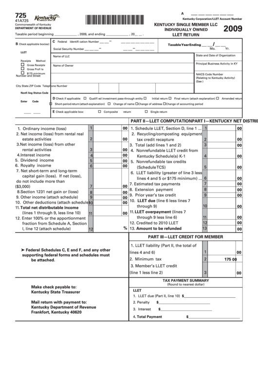 Form 725 Kentucky Single Member Llc Individually Owned Llet Return 