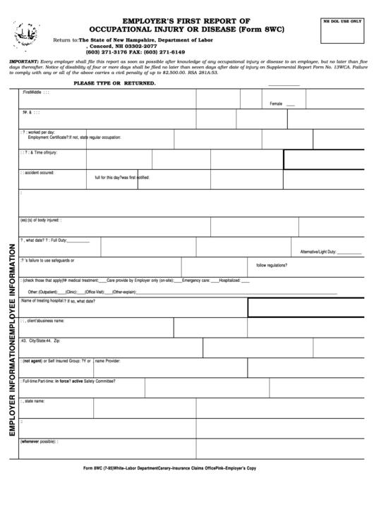Form 8wc Employer S First Report Of Occupational Injury Or Disease 