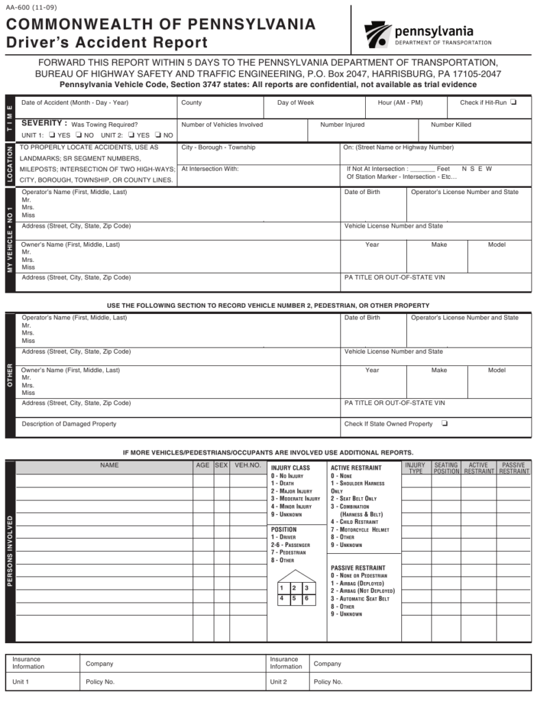 Form AA 600 Download Printable PDF Or Fill Online Driver s Accident 