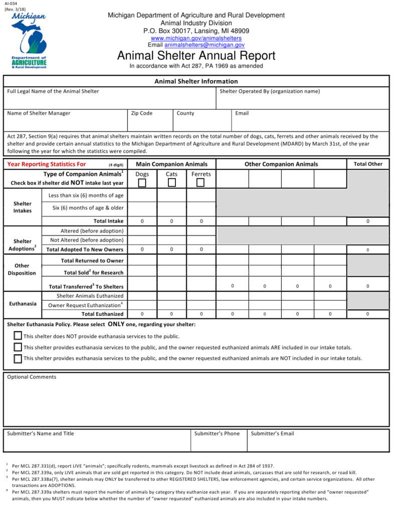 Form AI 034 Download Fillable PDF Or Fill Online Animal Shelter Annual 