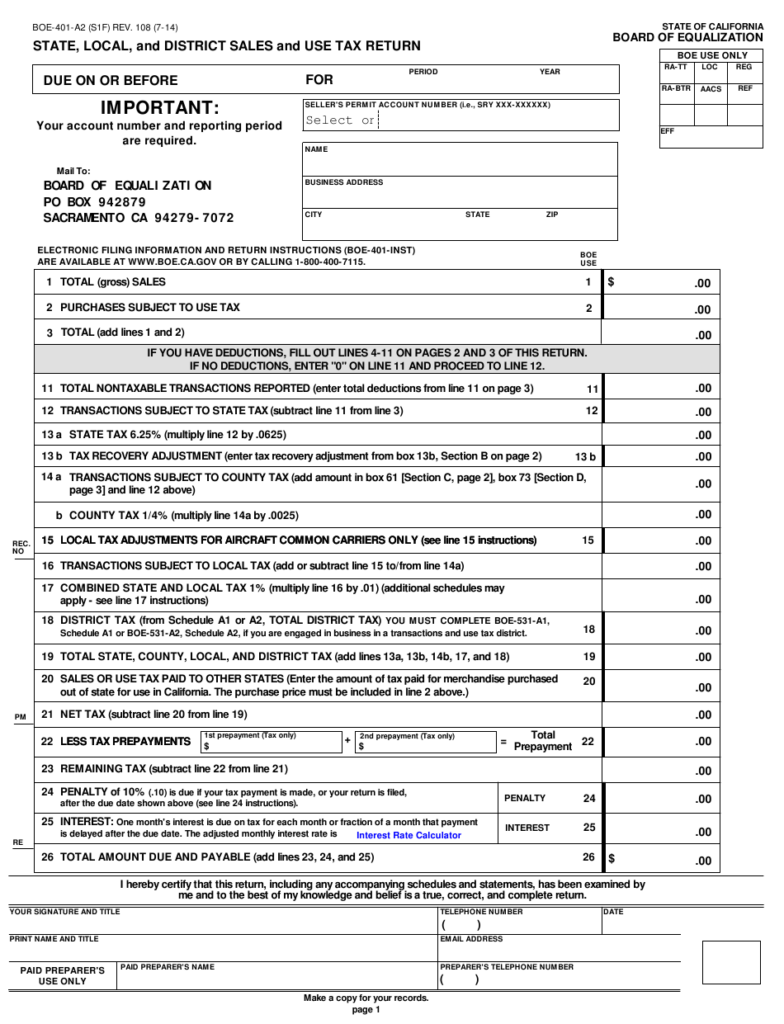 Form BOE 401 A2 S1F Download Fillable PDF Or Fill Online State Local 