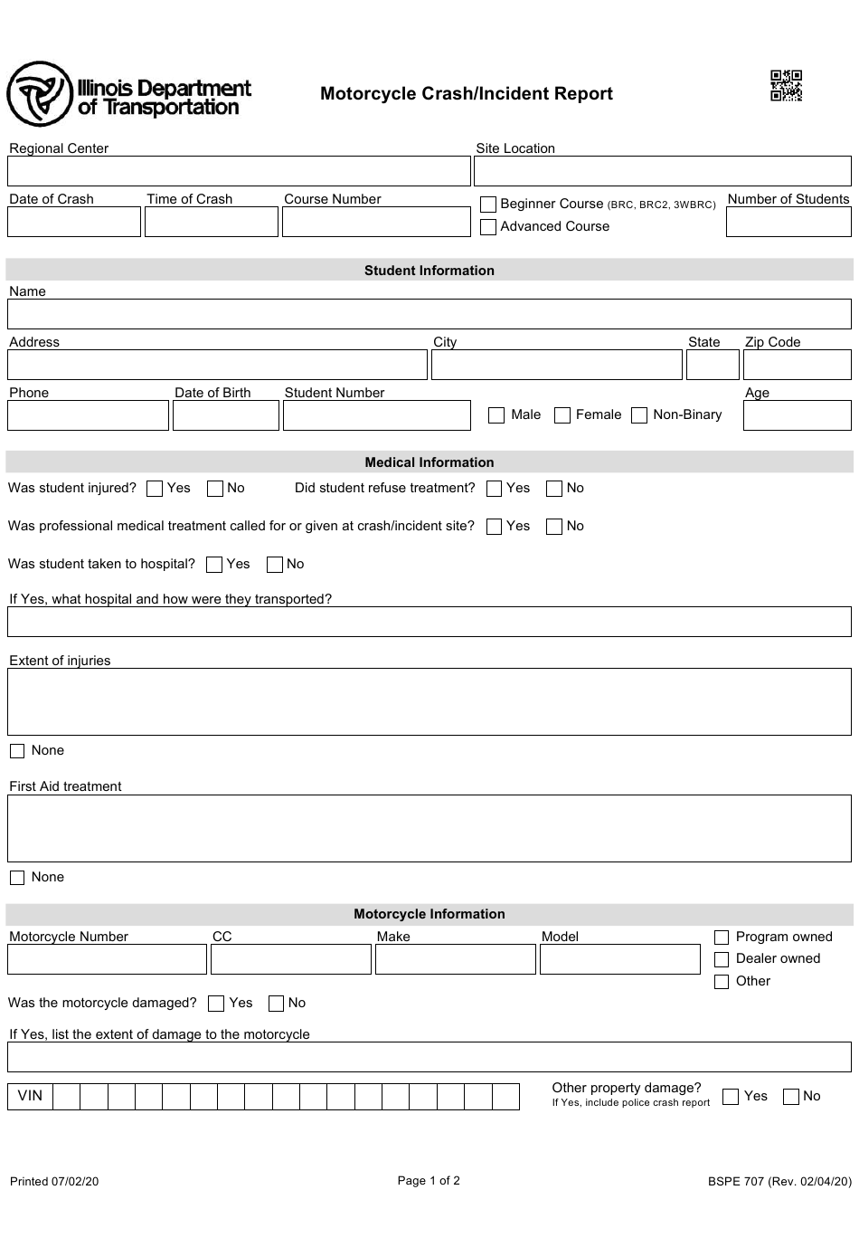 Form BSPE707 Download Fillable PDF Or Fill Online Motorcycle Crash 