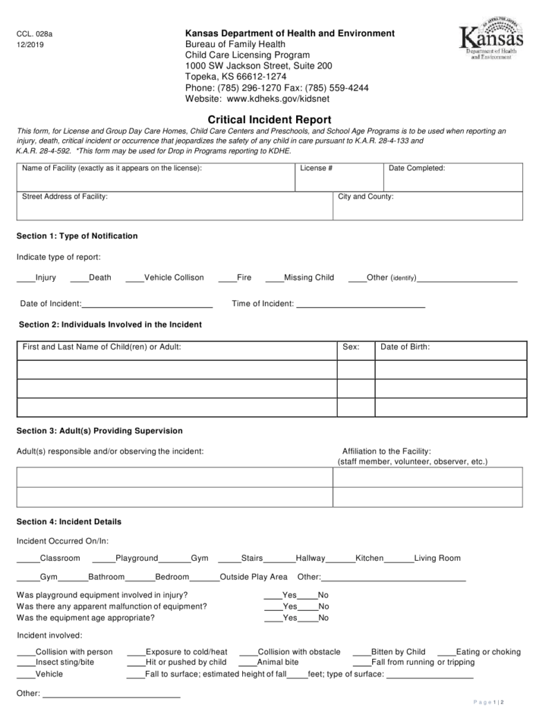 Form CCL 028A Download Printable PDF Or Fill Online Critical Incident 