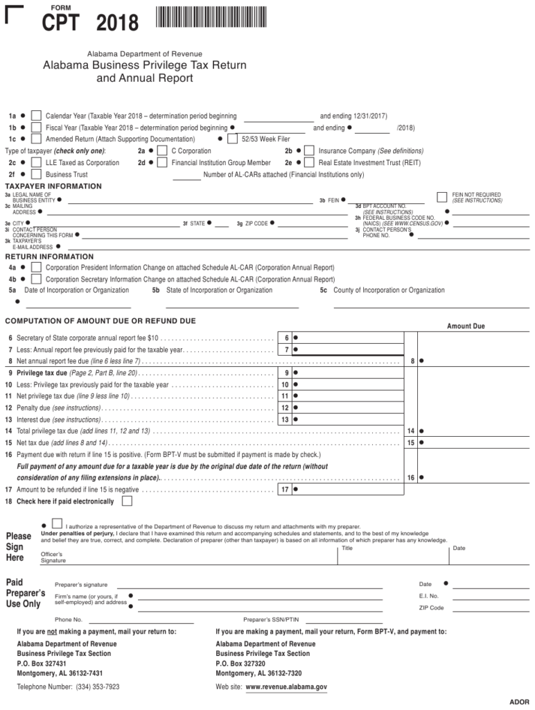 Form CPT Download Printable PDF Or Fill Online Alabama Business 