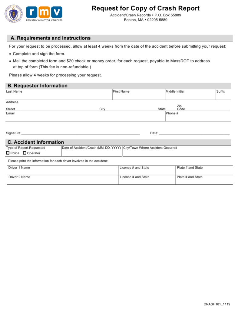 Form CRASH101 Download Fillable PDF Or Fill Online Request For Copy Of 
