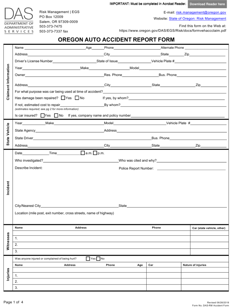 Form DAS RM Download Fillable PDF Or Fill Online Oregon Auto Accident 
