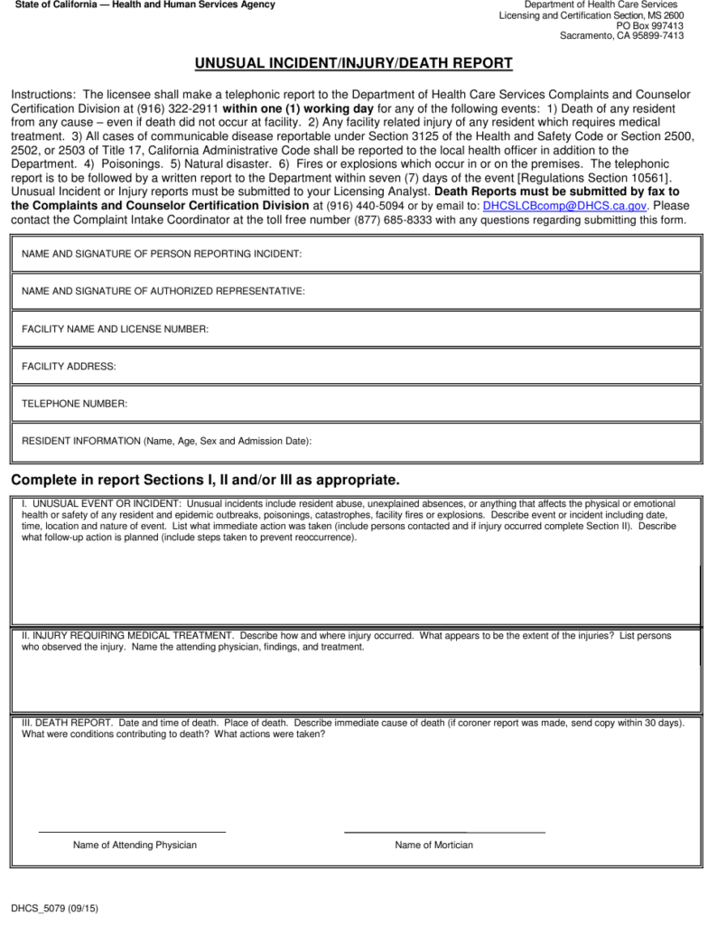 Form DHCS5079 Download Fillable PDF Or Fill Online Unusual Incident 