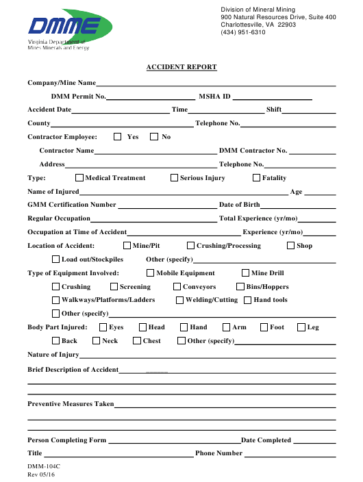 Form DMM 104C Download Printable PDF Or Fill Online Accident Report 