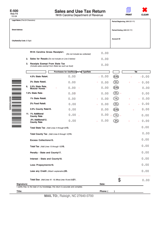 Form E 500 Sales And Use Tax Return Printable Pdf Download