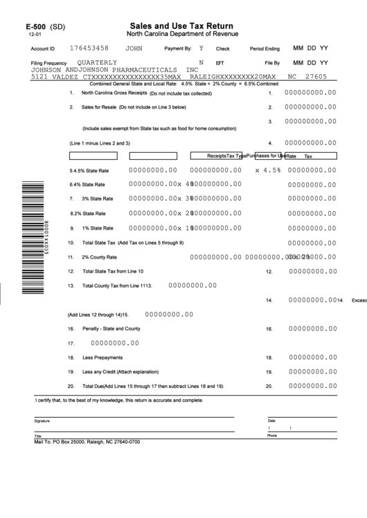 Form E 500 Sales And Use Tax Return Printable Pdf Download