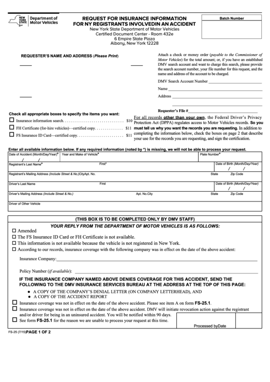 Form Fs 25 Request For Insurance Information For Ny Registrants