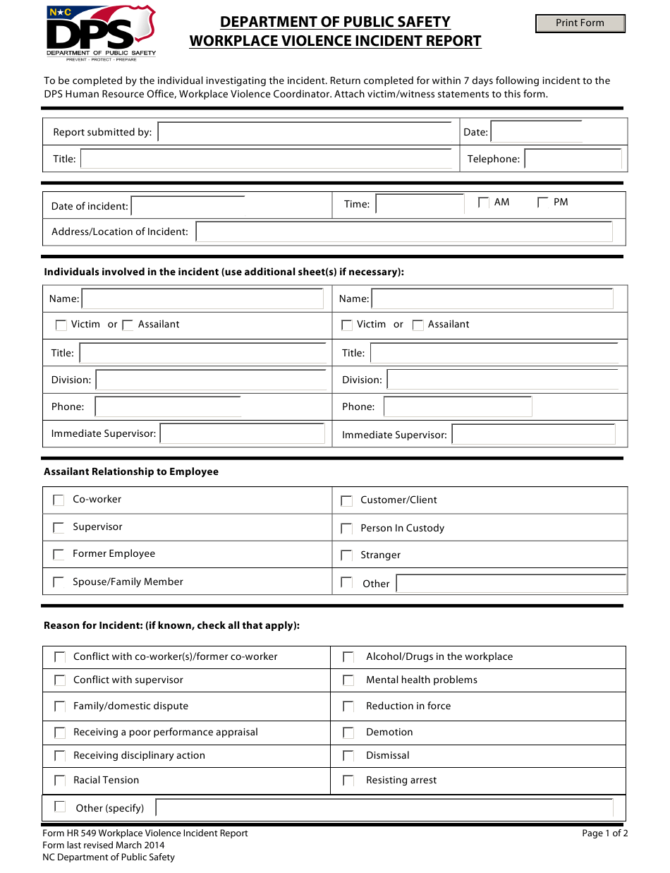 Form HR549 Download Fillable PDF Or Fill Online Workplace Violence