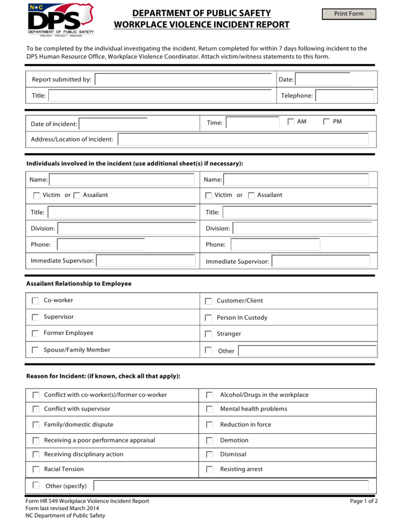 Form HR549 Download Fillable PDF Or Fill Online Workplace Violence 