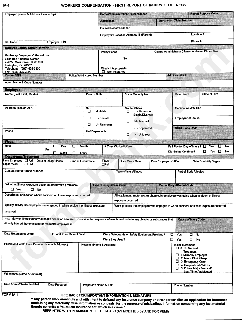 Form Ia 1 Workers Compensation First Report Of Injury Or Illness 