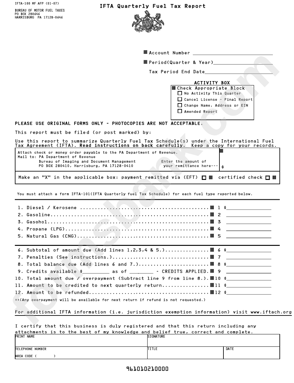 Form Ifta 100 Mf Afp Ifta Quarterly Fuel Tax Report 2007 Printable 