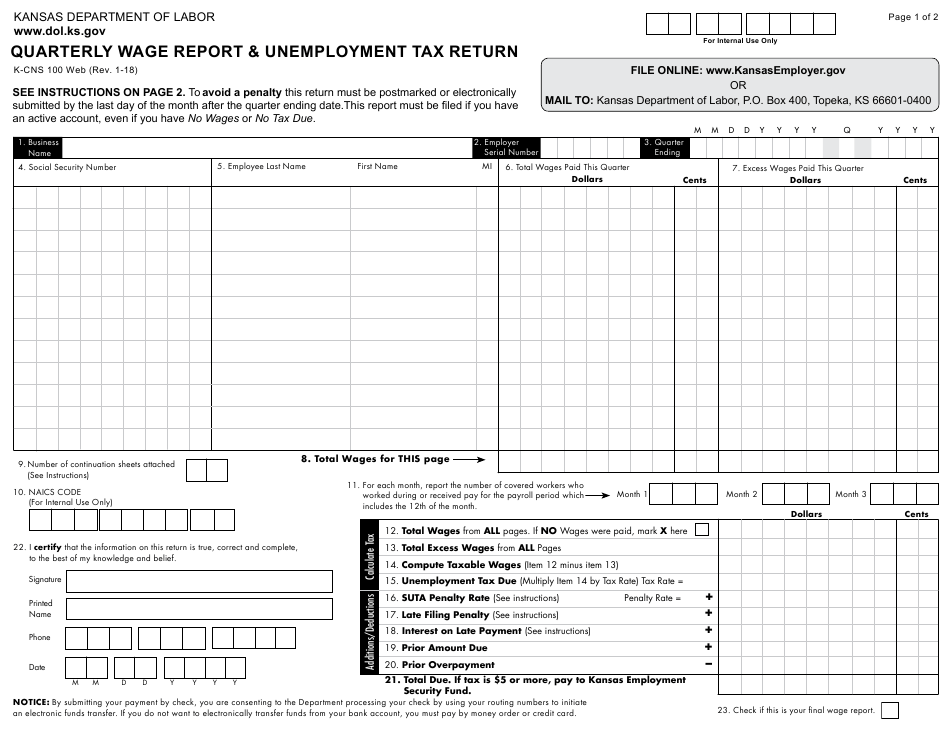 Form K CNS100 Download Fillable PDF Or Fill Online Quarterly Wage 