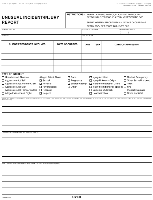 Form LIC624 Download Fillable PDF Or Fill Online Unusual Incident 