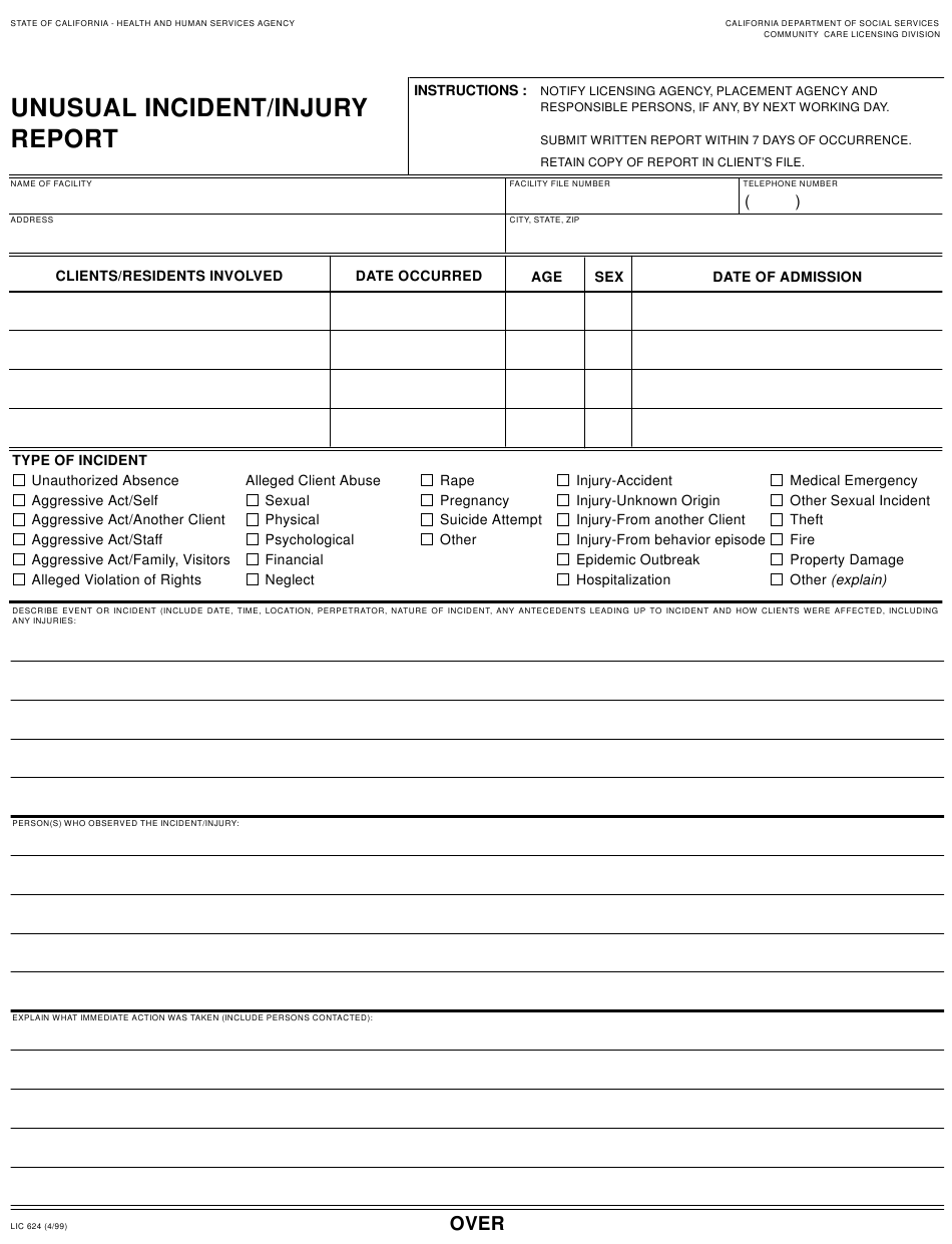 Form LIC624 Download Fillable PDF Or Fill Online Unusual Incident 