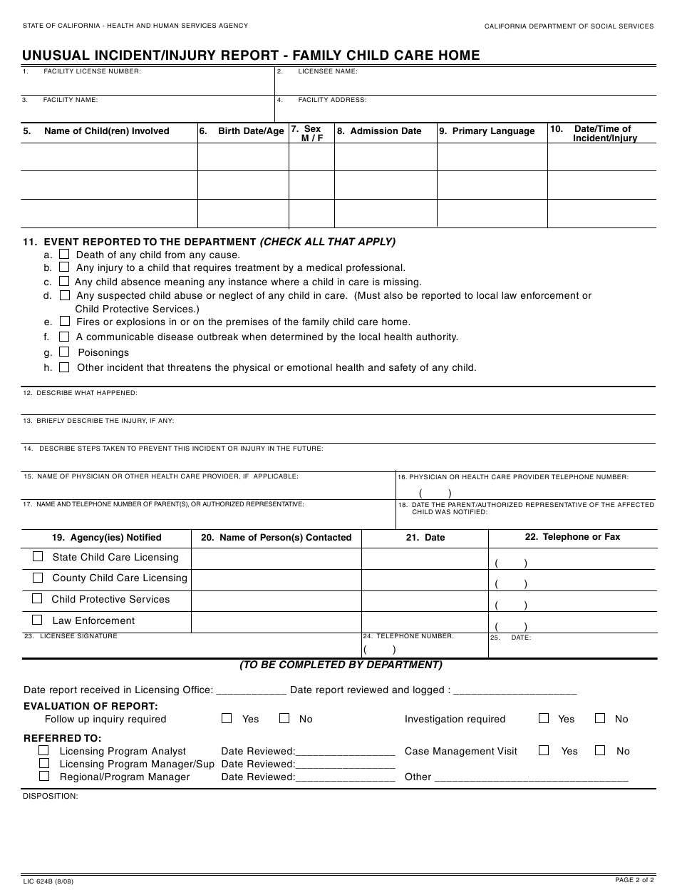 Form LIC624B Download Fillable PDF Or Fill Online Unusual Incident 