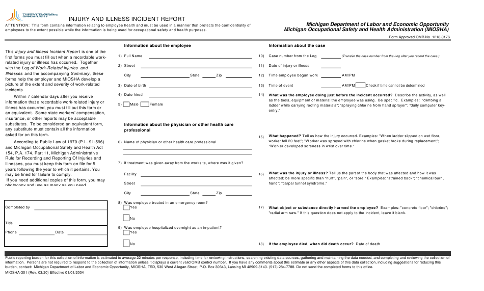 Form MIOSHA 301 Download Printable PDF Or Fill Online Injury And 