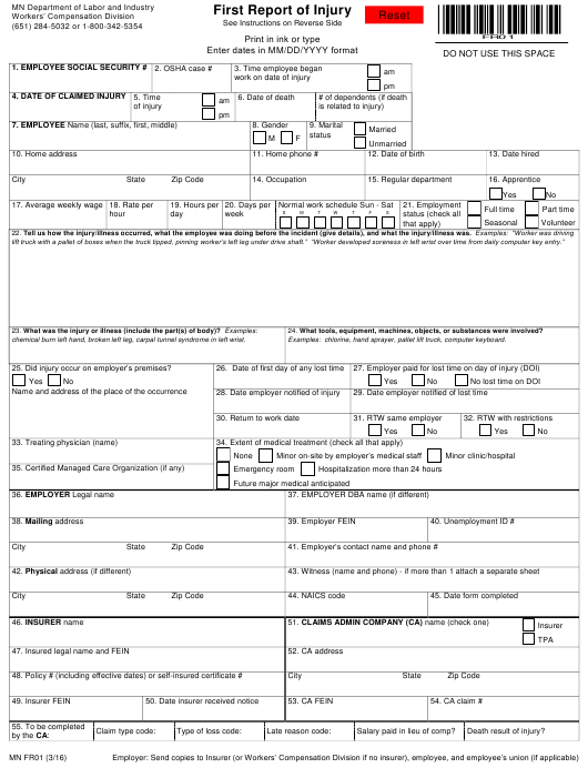 Form MNFR01 Download Fillable PDF Or Fill Online First Report Of Injury 