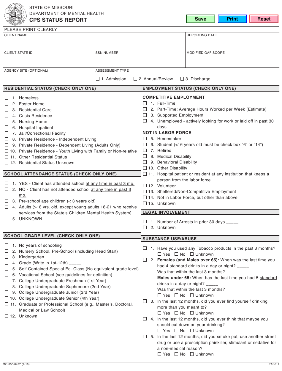 Form MO650 8427 Download Fillable PDF Or Fill Online Cps Status Report 