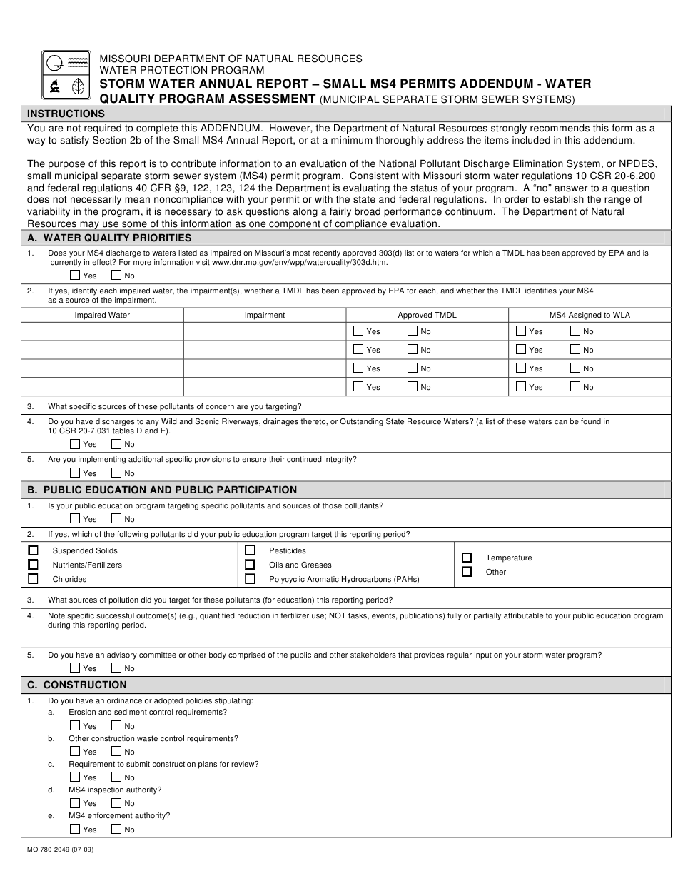 Form MO780 2049 Download Fillable PDF Or Fill Online Stormwater Annual