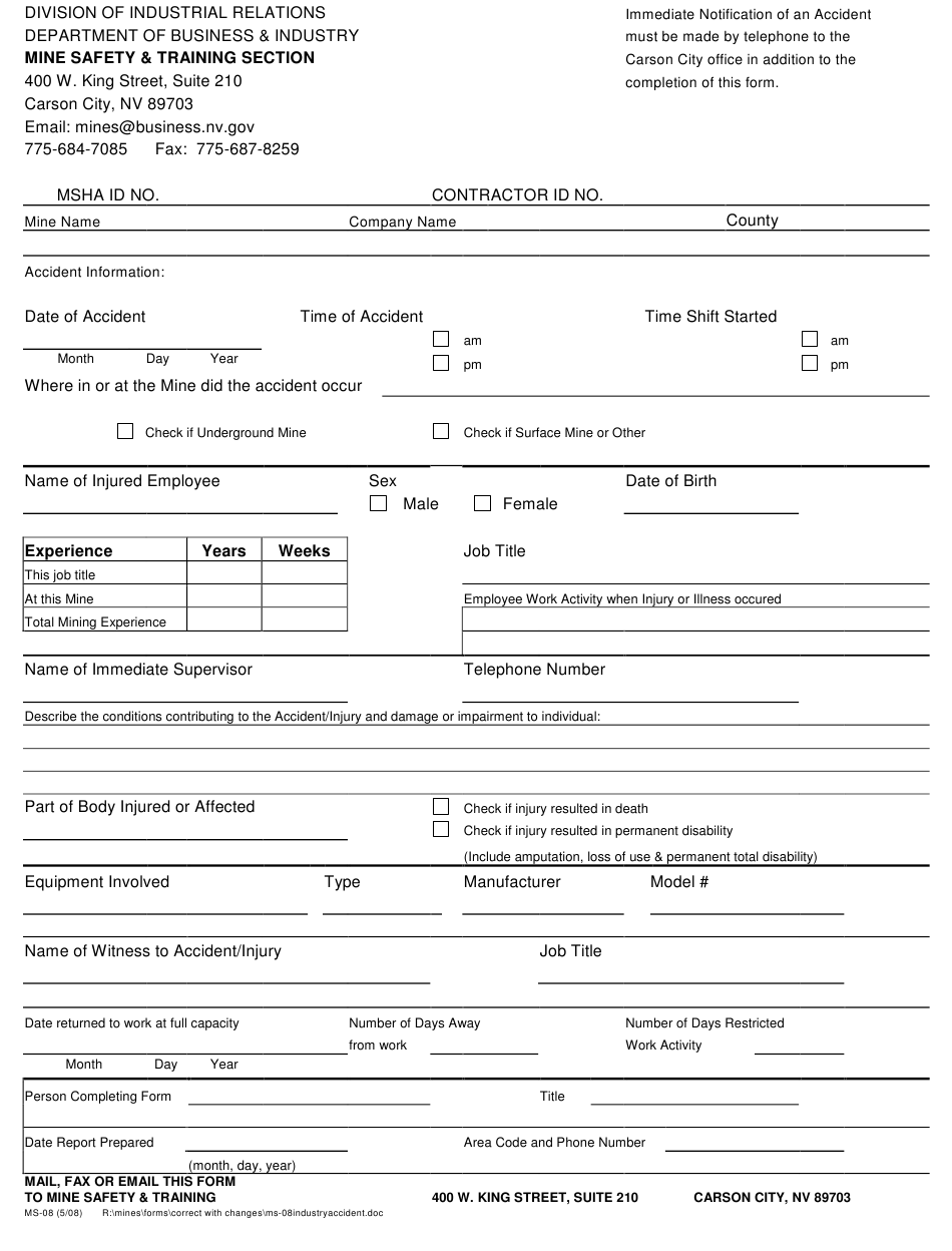 Form MS 08 Download Fillable PDF Or Fill Online Accident Injury Report