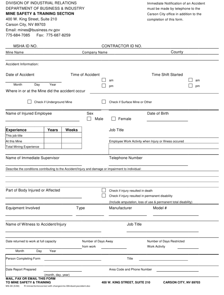 Form MS 08 Download Fillable PDF Or Fill Online Accident Injury Report 