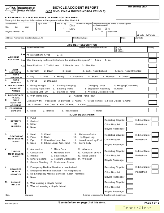 Form MV 104C Download Fillable PDF Or Fill Online Bicycle Accident