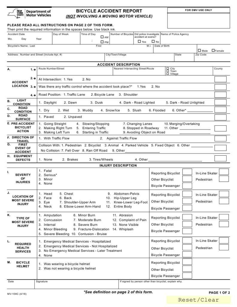 Form MV 104C Download Fillable PDF Or Fill Online Bicycle Accident 