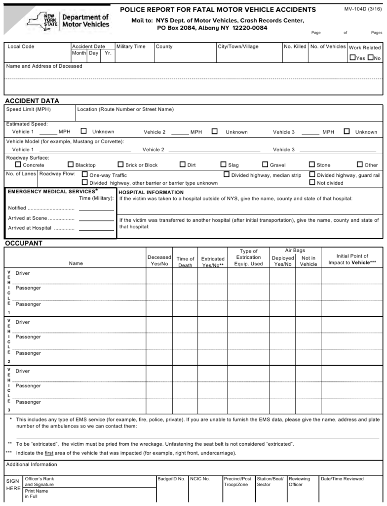 Form MV 104D Download Fillable PDF Or Fill Online Police Report For 
