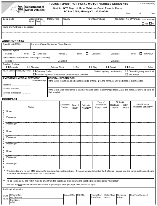 Form MV 104D Download Fillable PDF Or Fill Online Police Report For 