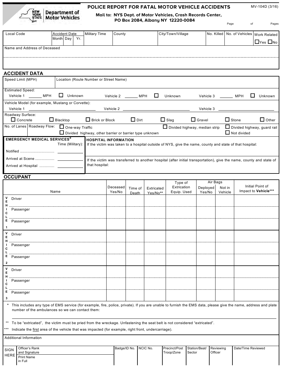 Form MV 104D Download Fillable PDF Or Fill Online Police Report For 