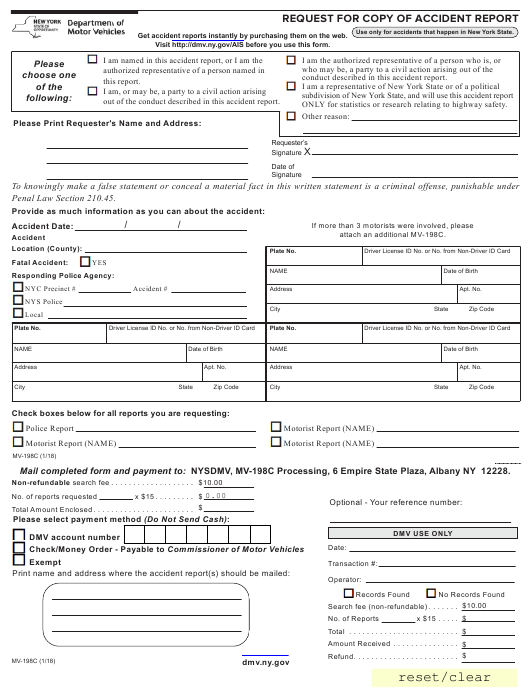 Form MV 198C Download Fillable PDF Or Fill Online Request For Copy Of 