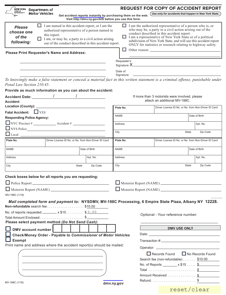 Form MV 198C Download Fillable PDF Or Fill Online Request For Copy Of