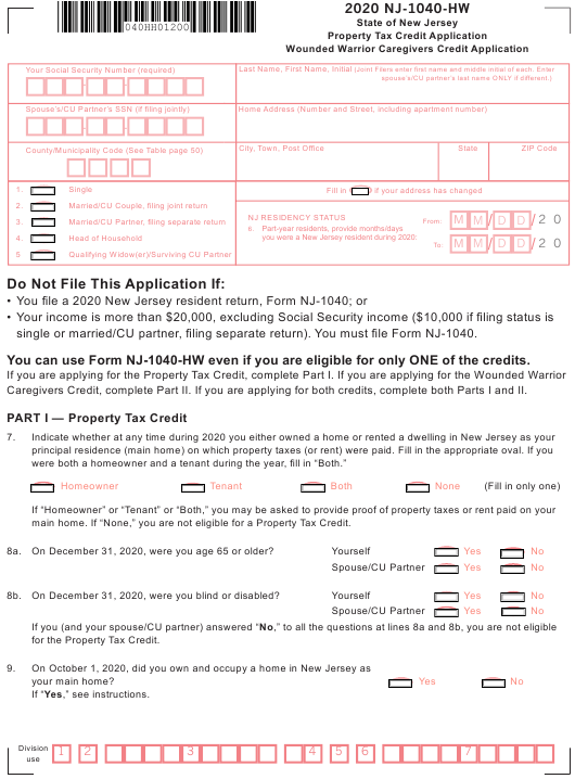 Form NJ 1040 HW Download Fillable PDF Or Fill Online Property Tax 